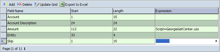 The image shows the Import Formats screen. The Skip expression is used to find any row with 15 blank spaces in order to avoid importing the Subtotal row.